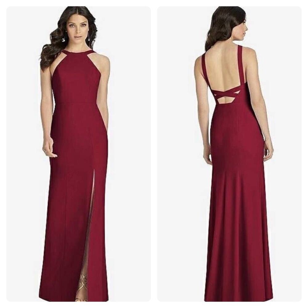 Dessy Collection 3039 High Neck Backless Crepe Trumpet Gown Size 8 NWOT